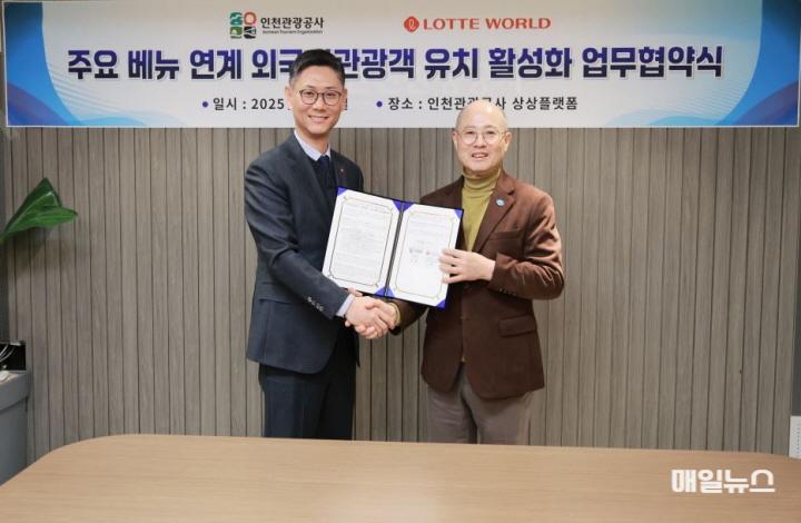 (왼쪽부터) 권오상 롯데월드 대표이사, 백현 인관광공사 사장 ⓒ 인천관광공사 협약식 사진0.JPG