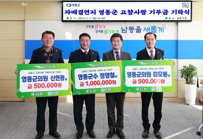 남동구 고향사랑 기부자 1호는 정영철 영동군수