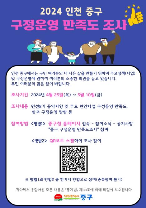민선 8기 2주년 앞둔 인천 중구, 정책 발전 위한 ‘만족도’ 조사 추진