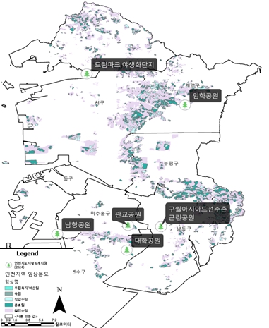 도시 숲 6개 조사지점 임상 분포도