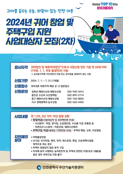 인천시, 귀어 창업 및 주택비용 최대 3억 원까지 융자 지원