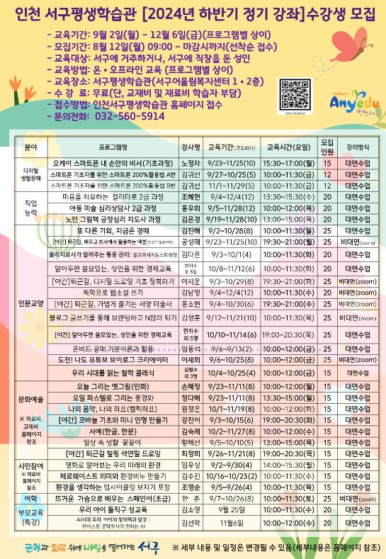 인천 서구평생학습관, 2024년 하반기 프로그램 수강생 모집